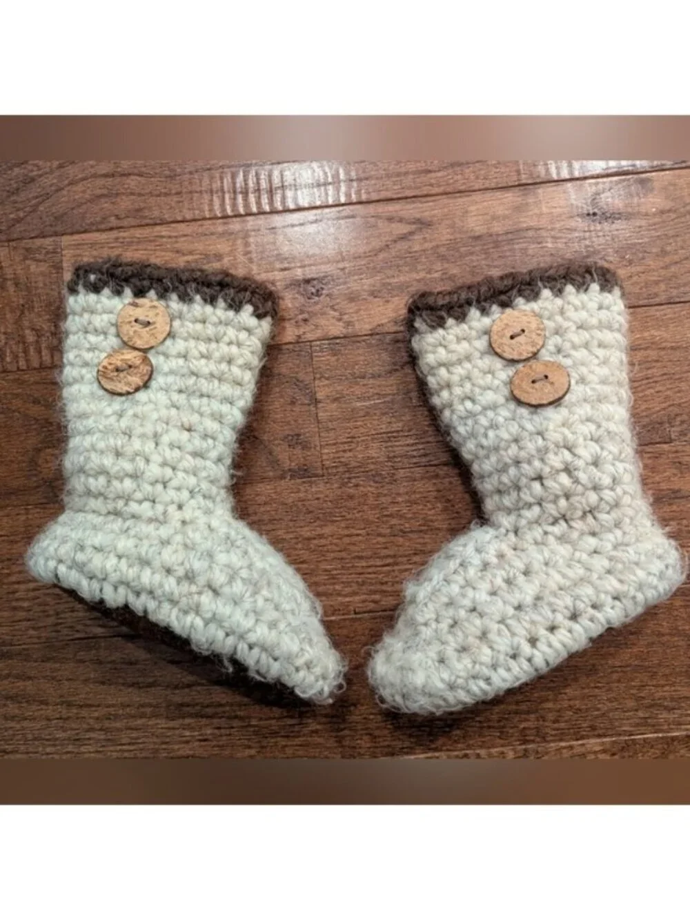Handmade Wool Suede & Shearling Cream & Brown Crochet Baby Boots Sz 1-2 Years